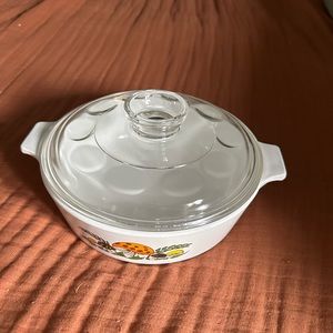 3 Vintage corningware 2 merry mushroom casserole dish with lid. 1 floral dish